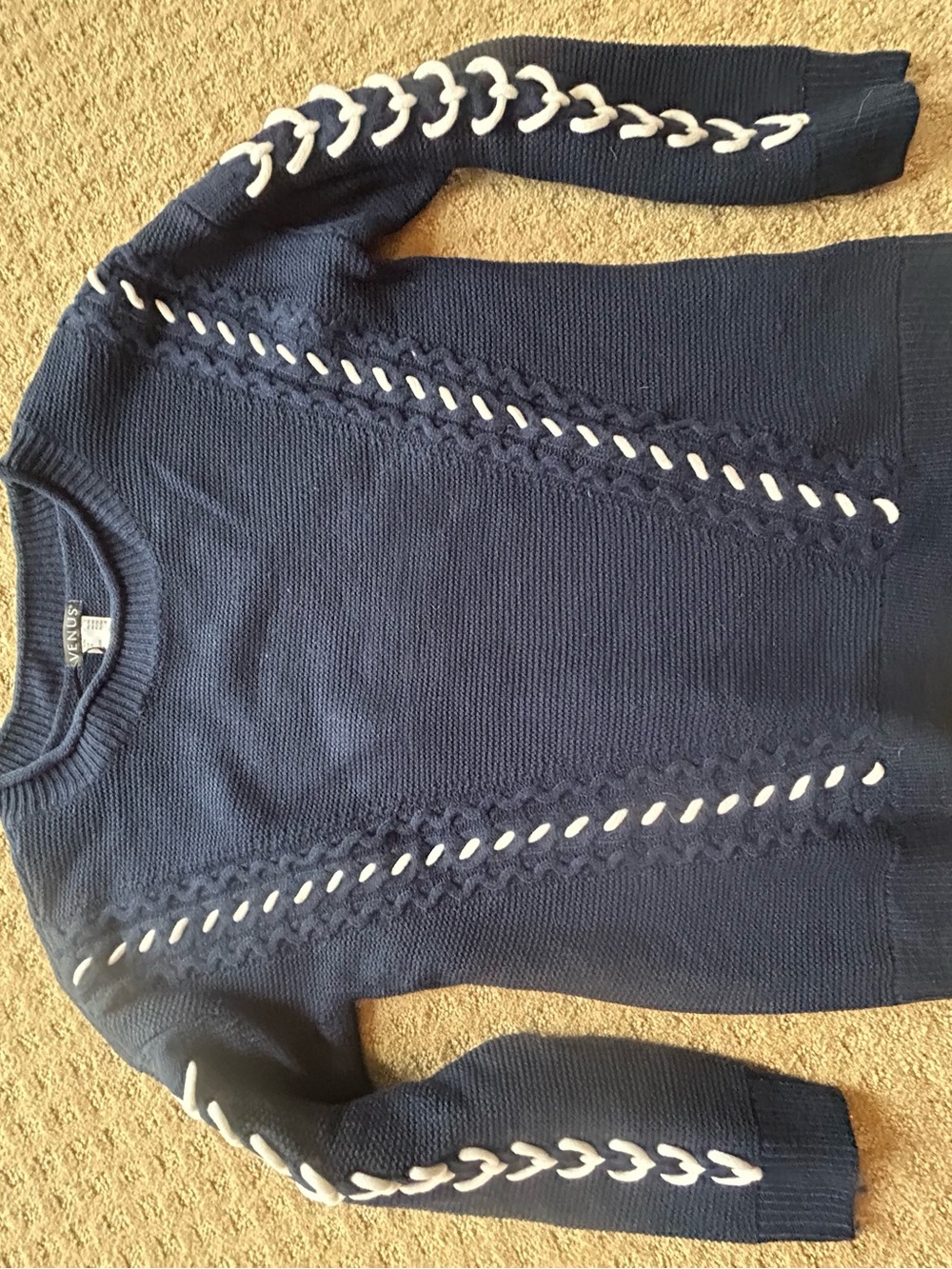 VENUS Navy Blue Knit Sweater with White Lace-Up Detail